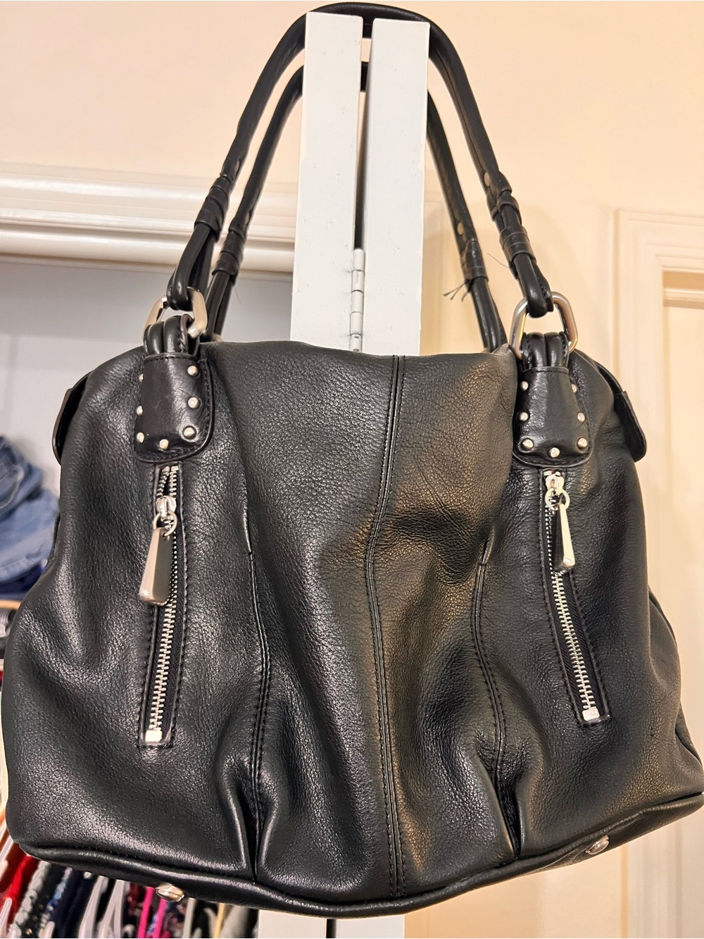 B Makowsky Black Leather Tote Handbag with Front Zip Pockets